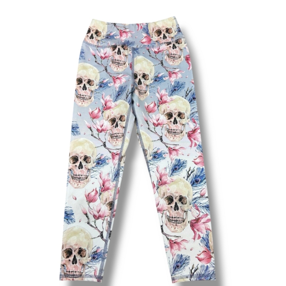 Floral Skull Print Women's Leggings - Blue & Pink
